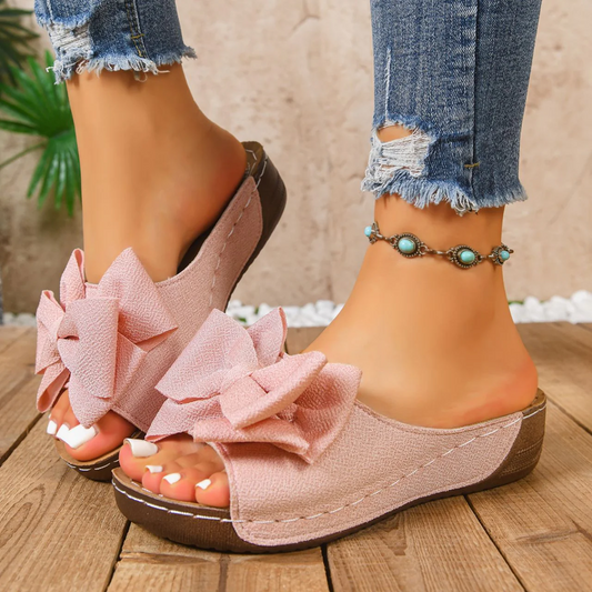 Women’s Liora Bow Flower Platform Wedge Slide Sandals – Peep-Toe Wide Strap Summer Slides